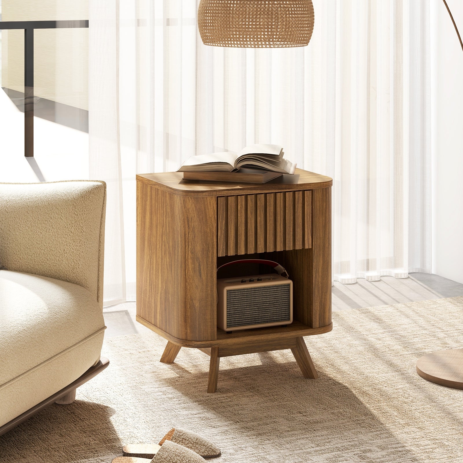 Mid-century Wood Nightstand with Drawer and Open Shelf, Walnut Nightstands at Gallery Canada