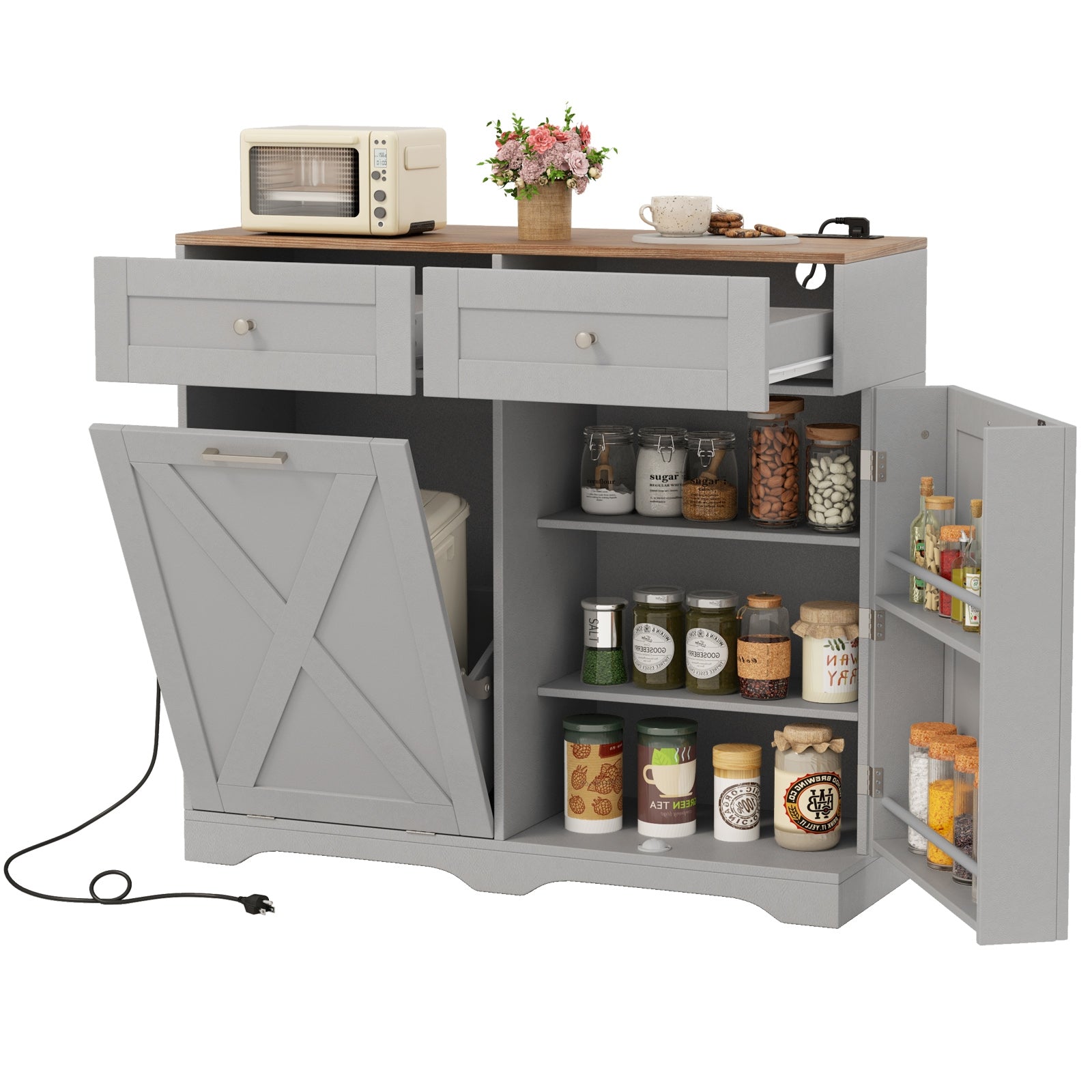 Tilt Out Trash Can Cabinet with Outlets and Adjustable Shelf, Gray Sideboards Cabinets & Buffets Gray at Gallery Canada