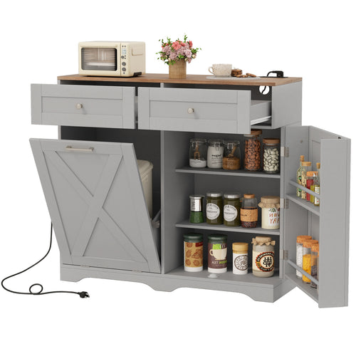 Tilt Out Trash Can Cabinet with Outlets and Adjustable Shelf, Gray