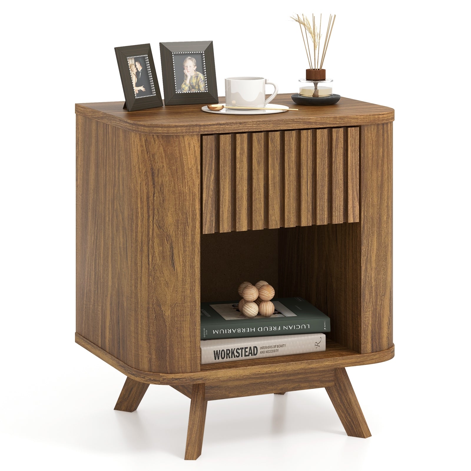 Mid-century Wood Nightstand with Drawer and Open Shelf, Walnut Nightstands at Gallery Canada