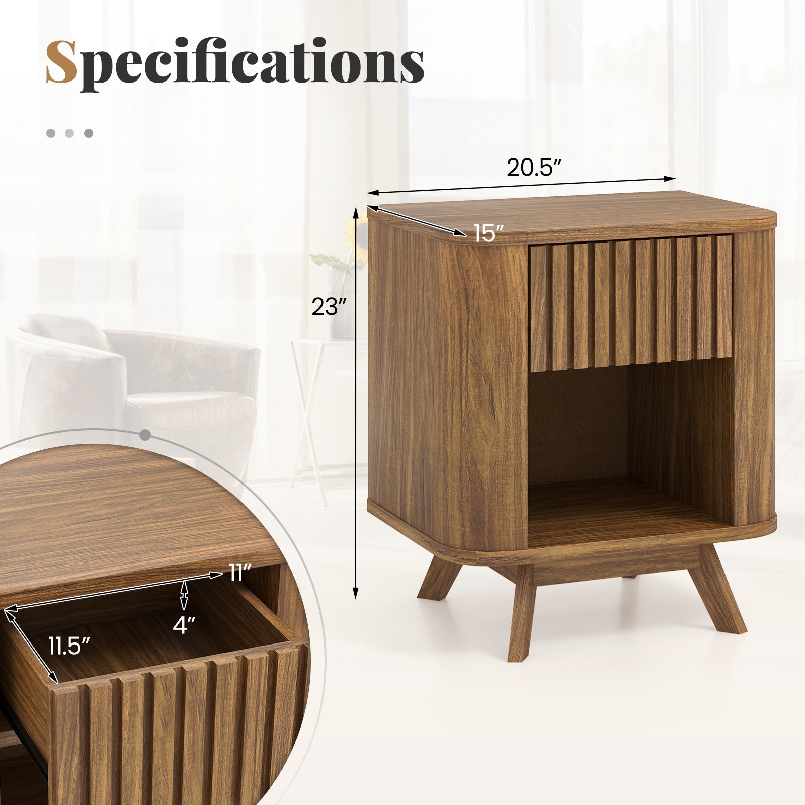 Mid-century Wood Nightstand with Drawer and Open Shelf, Walnut Nightstands at Gallery Canada