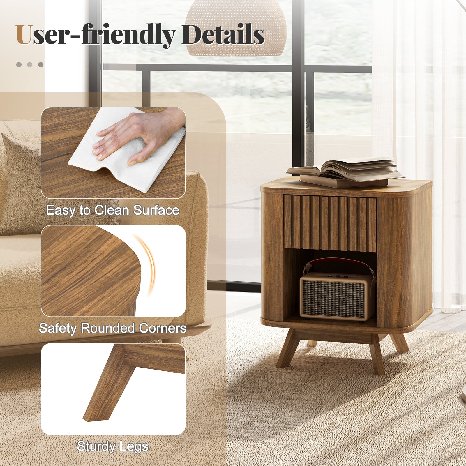 Mid-century Wood Nightstand with Drawer and Open Shelf, Walnut Nightstands at Gallery Canada