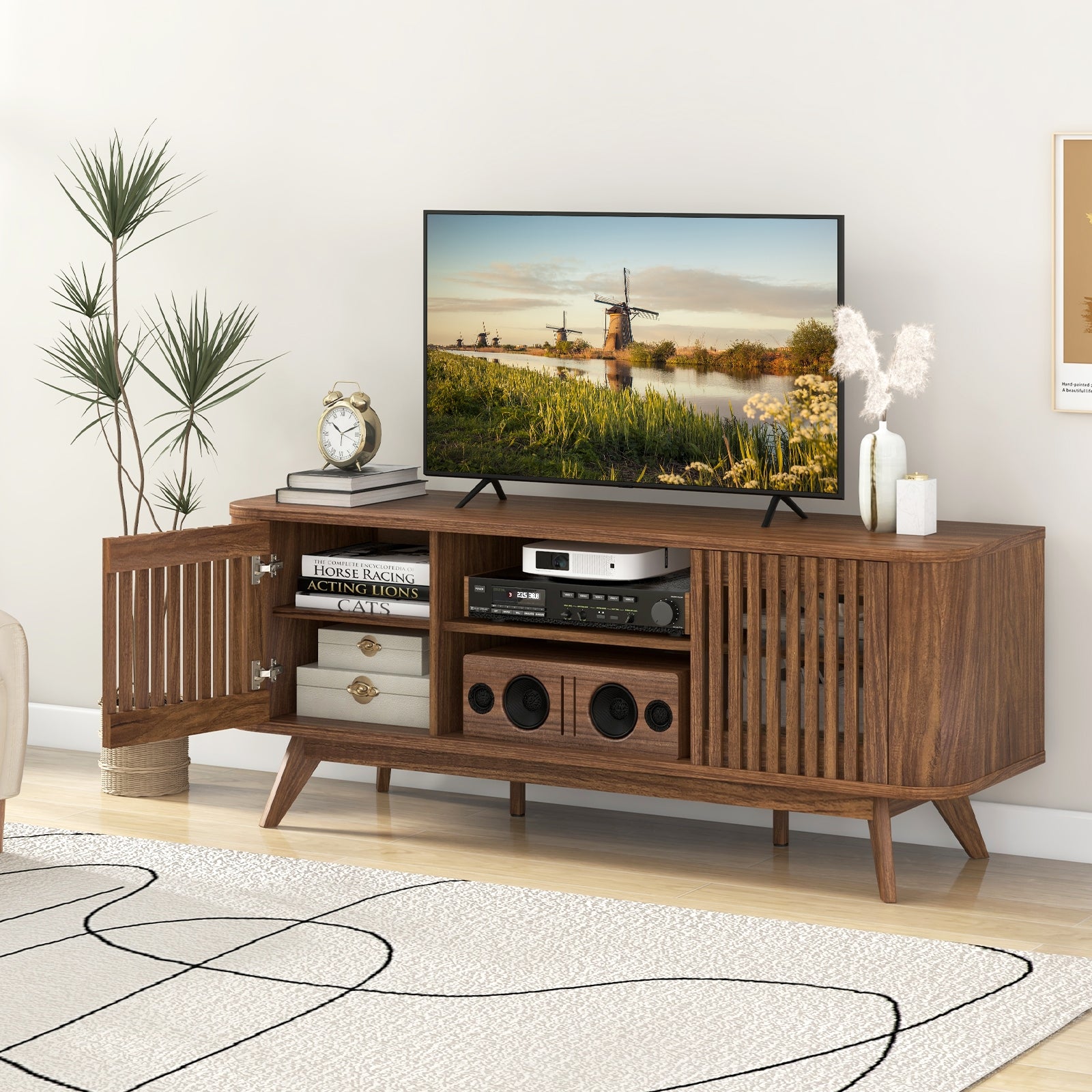2-Door TV Stand for TVs up to 60 Inches with Adjustable Shelves, Walnut Entertainment Centers & TV Stands at Gallery Canada