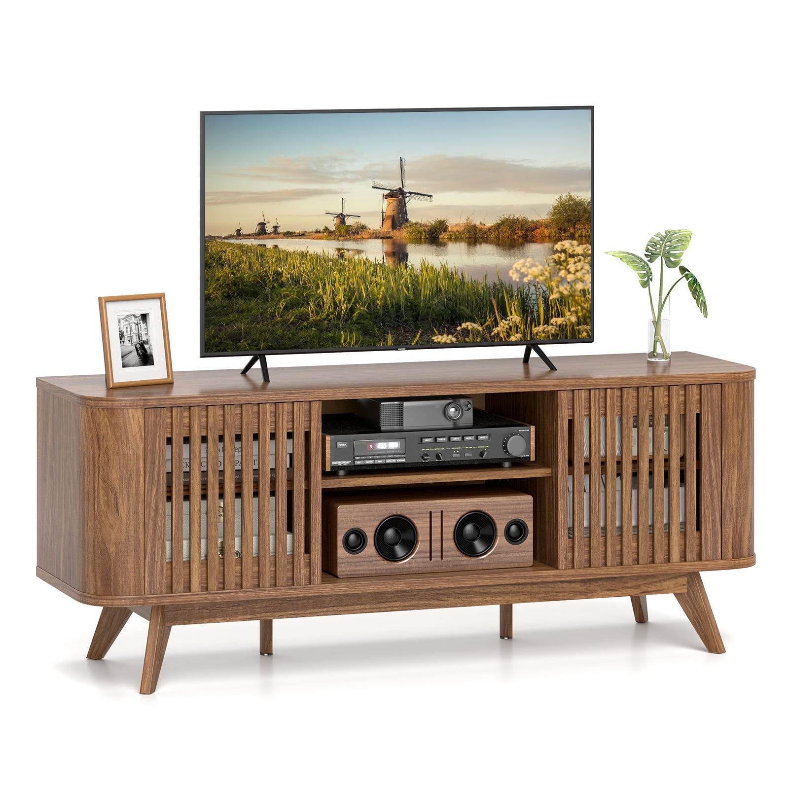 2-Door TV Stand for TVs up to 60 Inches with Adjustable Shelves, Walnut Entertainment Centers & TV Stands at Gallery Canada