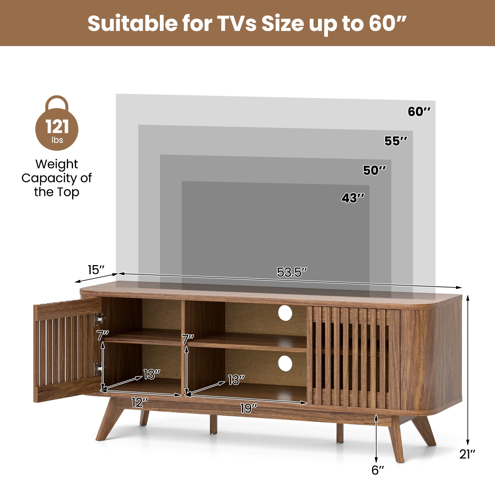2-Door TV Stand for TVs up to 60 Inches with Adjustable Shelves, Walnut Entertainment Centers & TV Stands at Gallery Canada