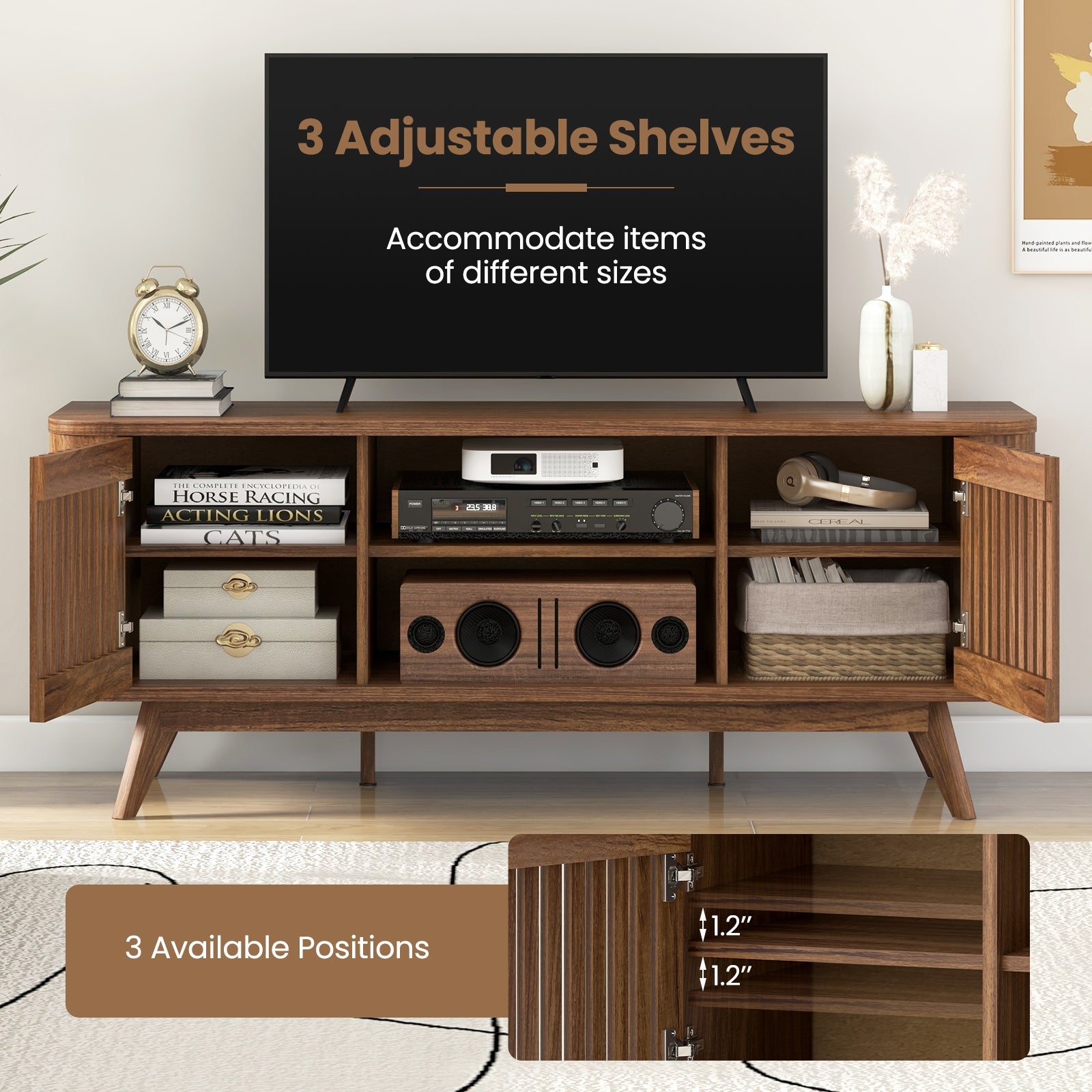 2-Door TV Stand for TVs up to 60 Inches with Adjustable Shelves, Walnut Entertainment Centers & TV Stands at Gallery Canada