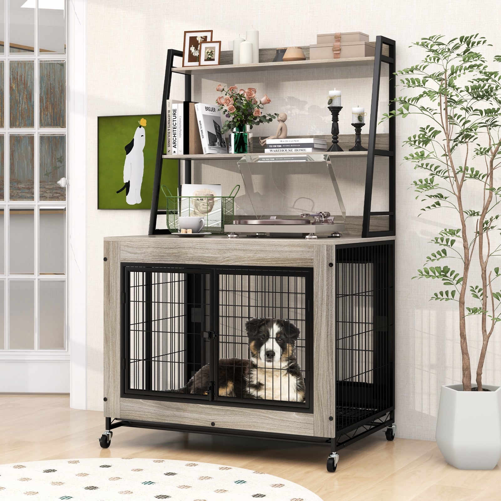 Industrial Dog Kennel Dog Crate Furniture with Storage Shelves, Gray Dog Kennels at Gallery Canada