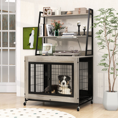 Industrial Dog Kennel Dog Crate Furniture with Storage Shelves, Gray