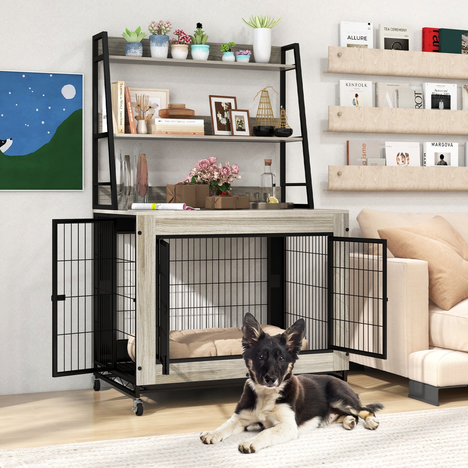Industrial Dog Kennel Dog Crate Furniture with Storage Shelves, Gray Dog Kennels at Gallery Canada