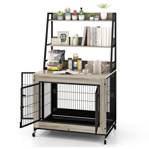 Industrial Dog Kennel Dog Crate Furniture with Storage Shelves, Gray