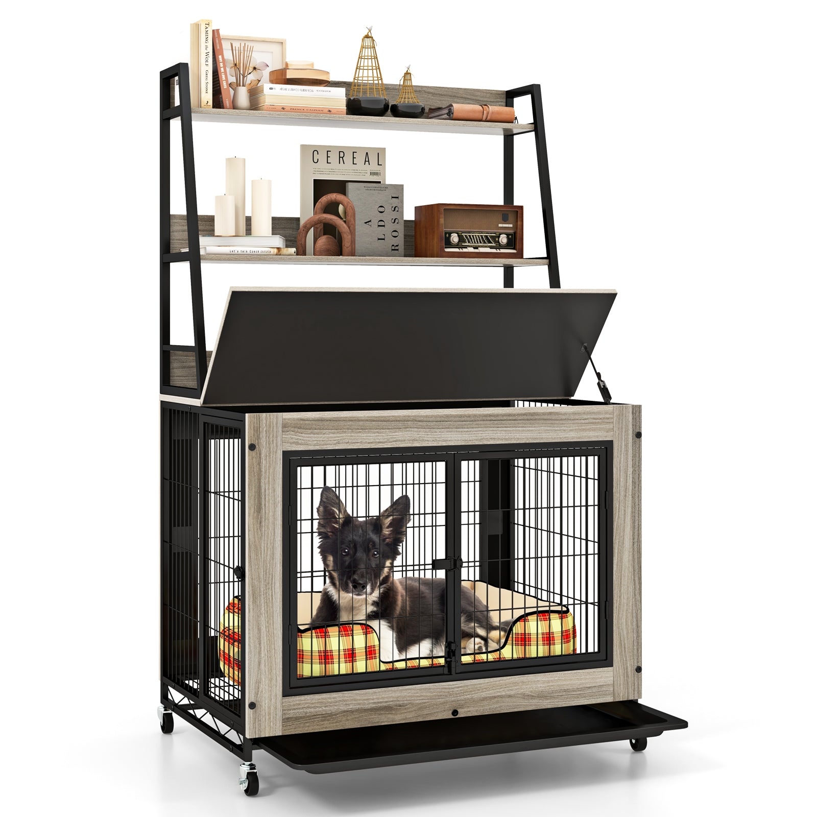 Industrial Dog Kennel Dog Crate Furniture with Storage Shelves, Gray Dog Kennels at Gallery Canada