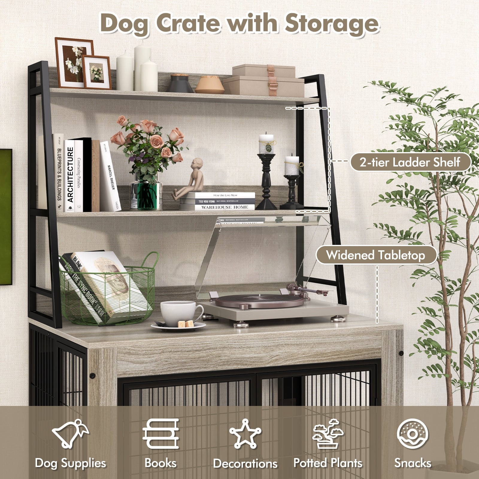Industrial Dog Kennel Dog Crate Furniture with Storage Shelves, Gray Dog Kennels at Gallery Canada