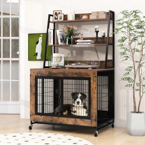 Industrial Dog Kennel Dog Crate Furniture with Storage Shelves, Rustic Brown