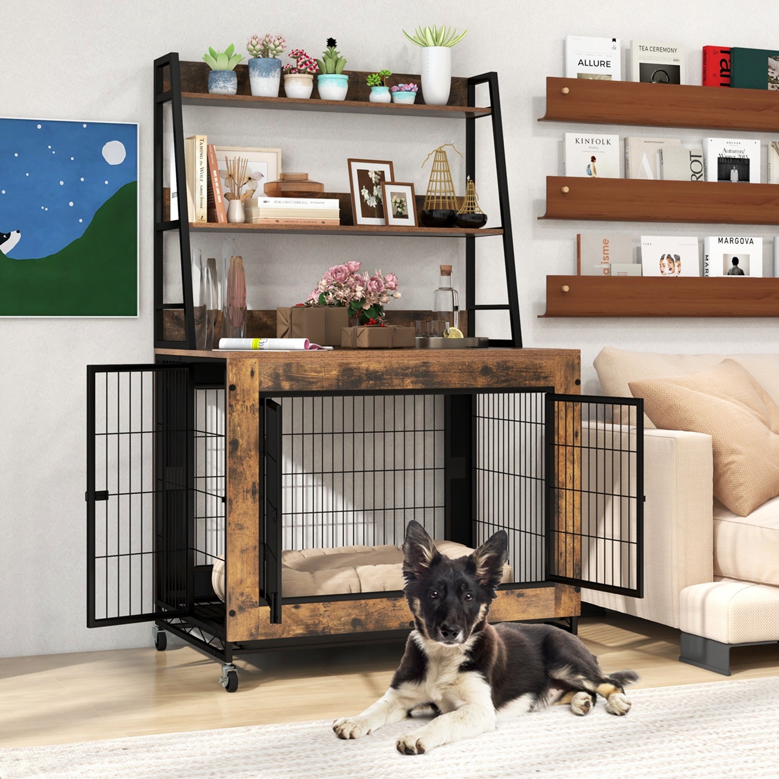Industrial Dog Kennel Dog Crate Furniture with Storage Shelves, Rustic Brown Dog Kennels at Gallery Canada