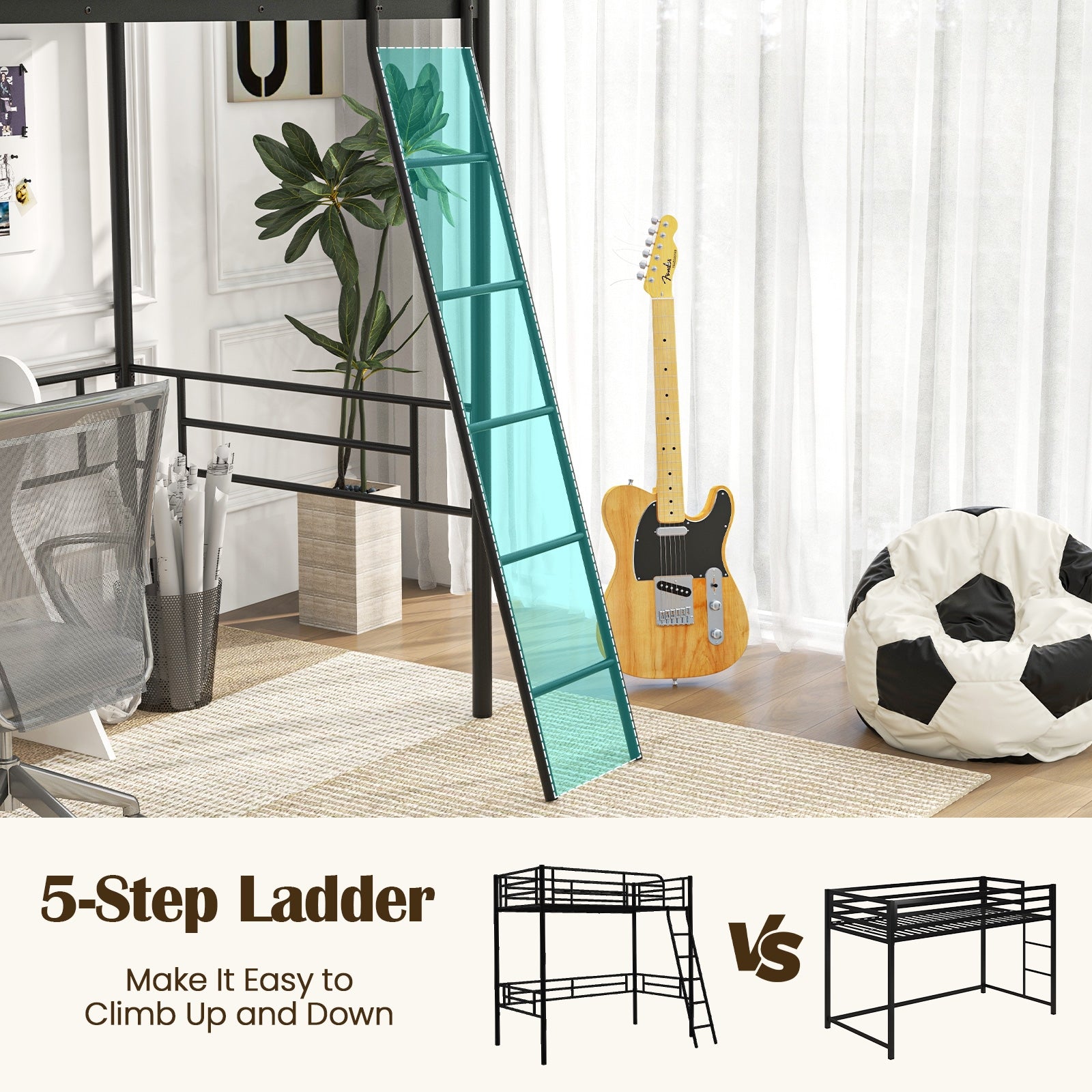 Twin Metal Loft Bed Frame with Ladder and Metal Slats Support, Black Beds & Bed Frames   at Gallery Canada