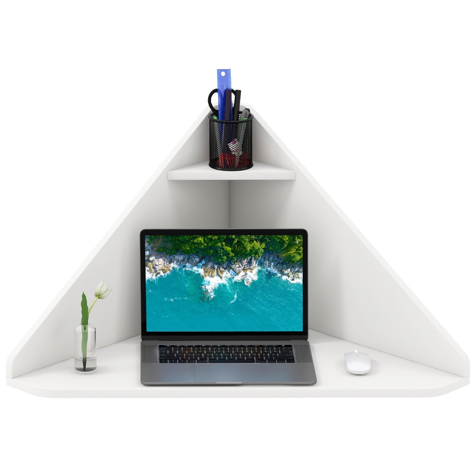 Floating Triangular Corner Computer Desk with Storage Shelf, White Corner Desks White at Gallery Canada