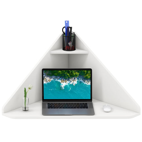 Floating Triangular Corner Computer Desk with Storage Shelf, White