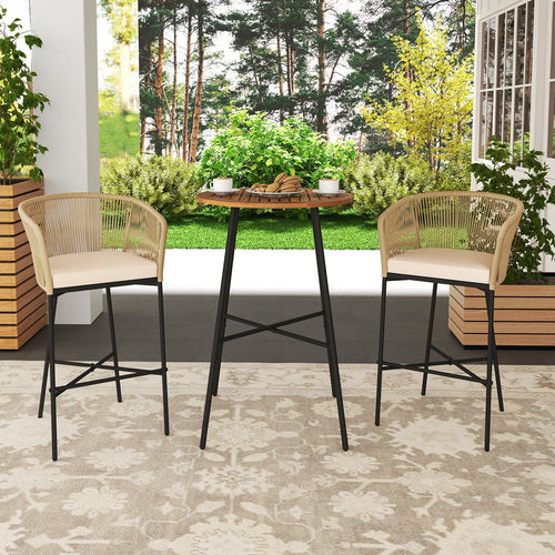 3 Pieces Rope Woven Patio Bar Set with Soft Cushions and Acacia Wood Tabletop, Beige