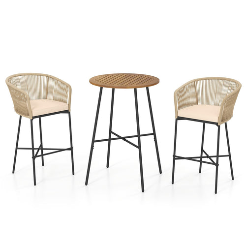 3 Pieces Rope Woven Patio Bar Set with Soft Cushions and Acacia Wood Tabletop, Beige