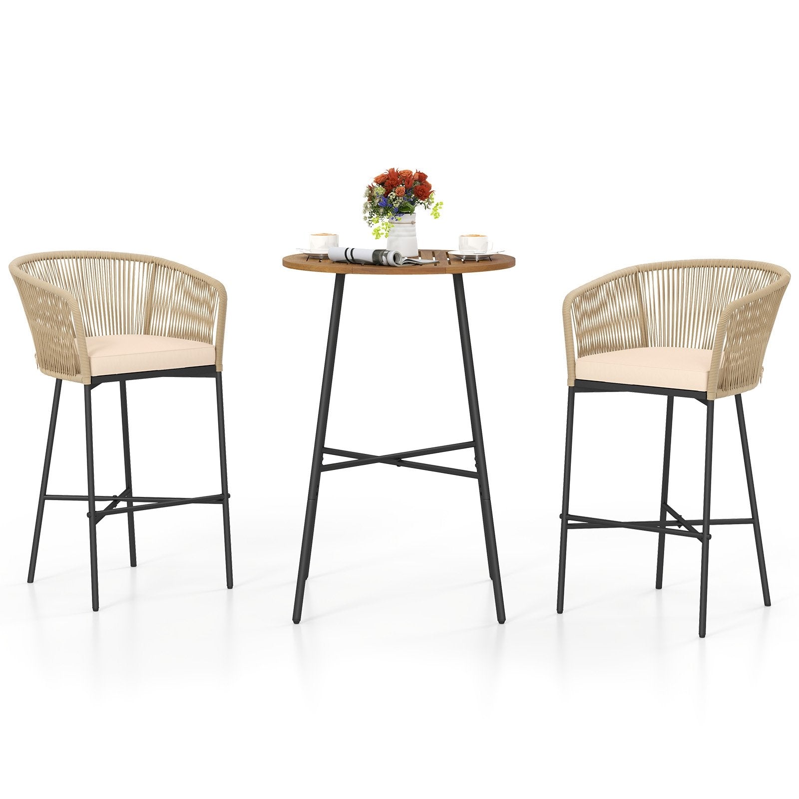 3 Pieces Rope Woven Patio Bar Set with Soft Cushions and Acacia Wood Tabletop, Beige Patio Bar Furniture at Gallery Canada