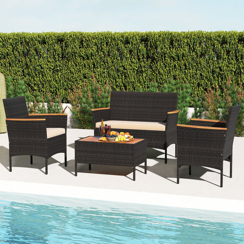 4 Piece Patio Wicker Sofa Set 2 Rattan Chairs and Loveseat with Table, Brown
