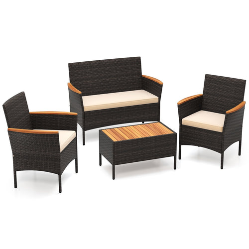 4 Piece Patio Wicker Sofa Set 2 Rattan Chairs and Loveseat with Table, Brown