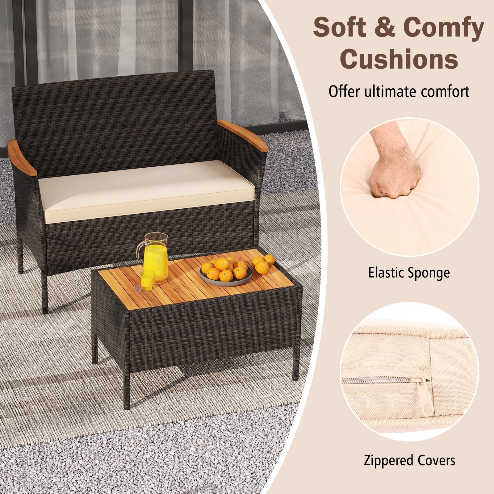 4 Piece Patio Wicker Sofa Set 2 Rattan Chairs and Loveseat with Table, Brown Patio Conversation Sets at Gallery Canada