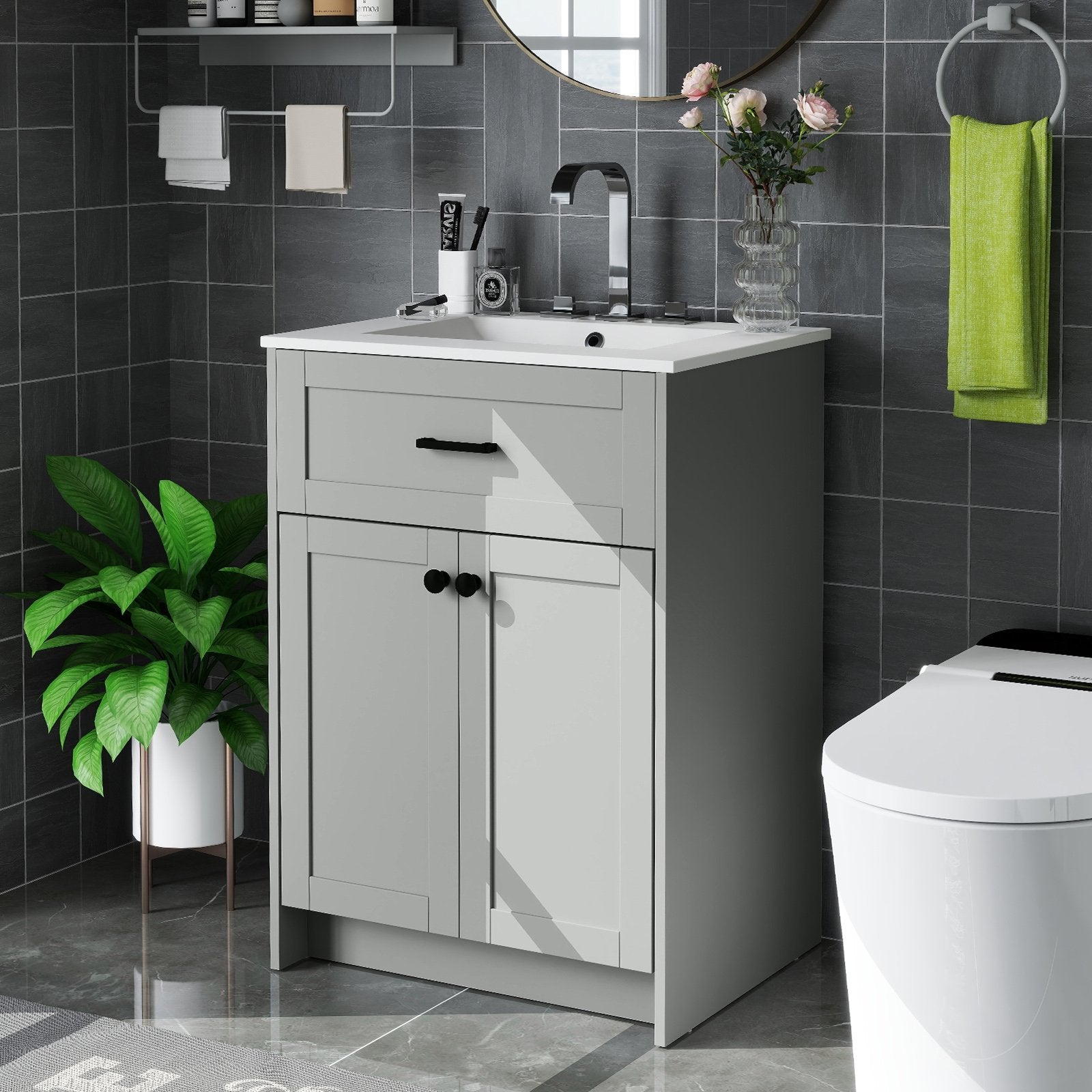 Bathroom Vanity Unit with Basin and 2 Doors, Gray Floor Cabinets at Gallery Canada
