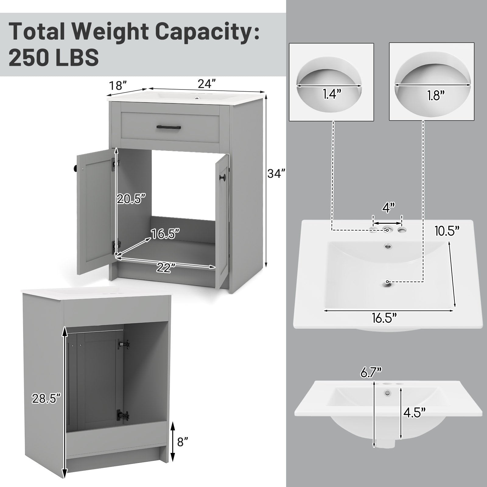 Bathroom Vanity Unit with Basin and 2 Doors, Gray Floor Cabinets at Gallery Canada