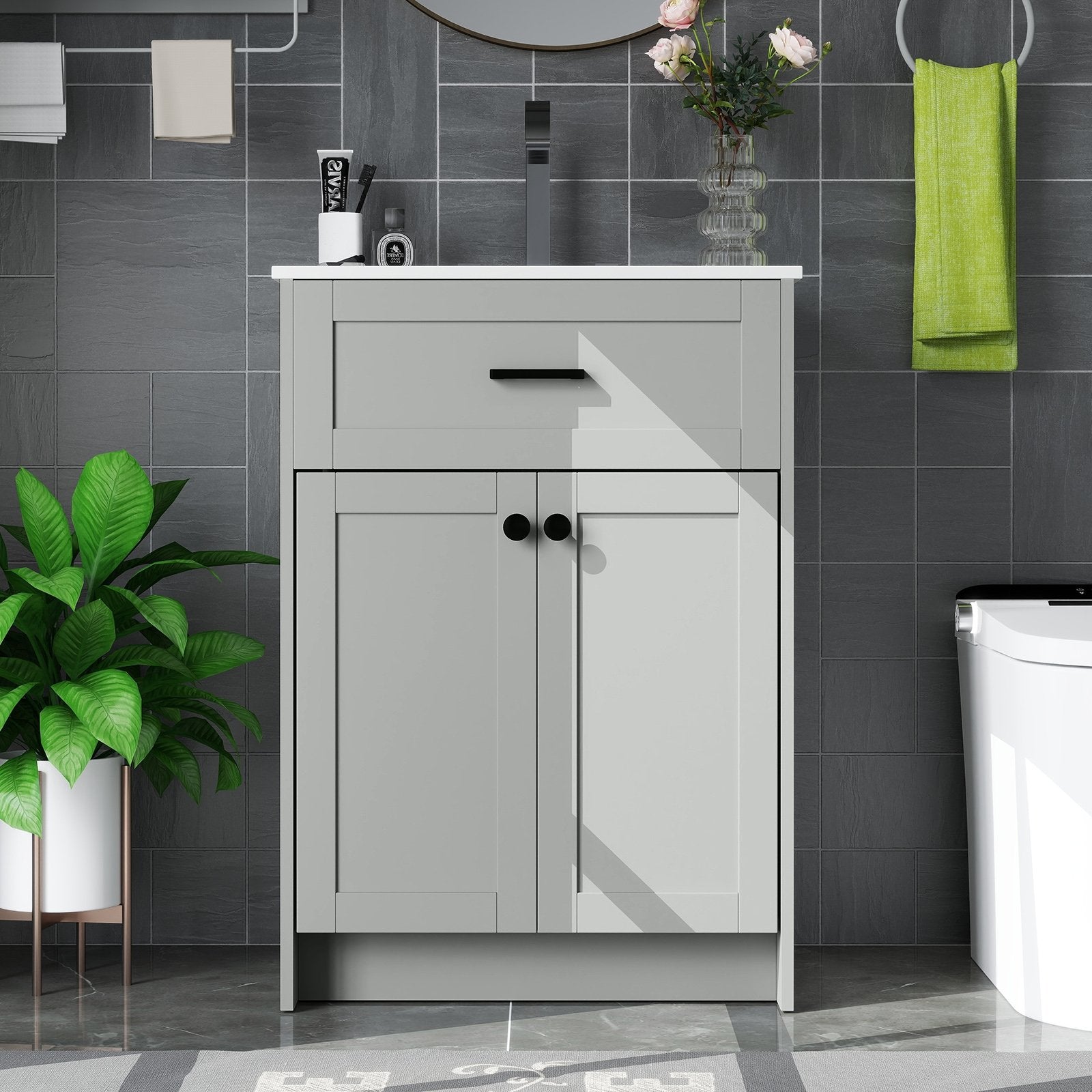 Bathroom Vanity Unit with Basin and 2 Doors, Gray Floor Cabinets at Gallery Canada