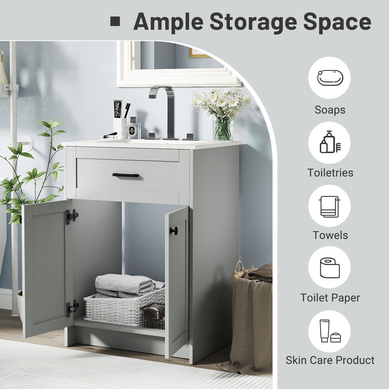 Bathroom Vanity Unit with Basin and 2 Doors, Gray Floor Cabinets at Gallery Canada