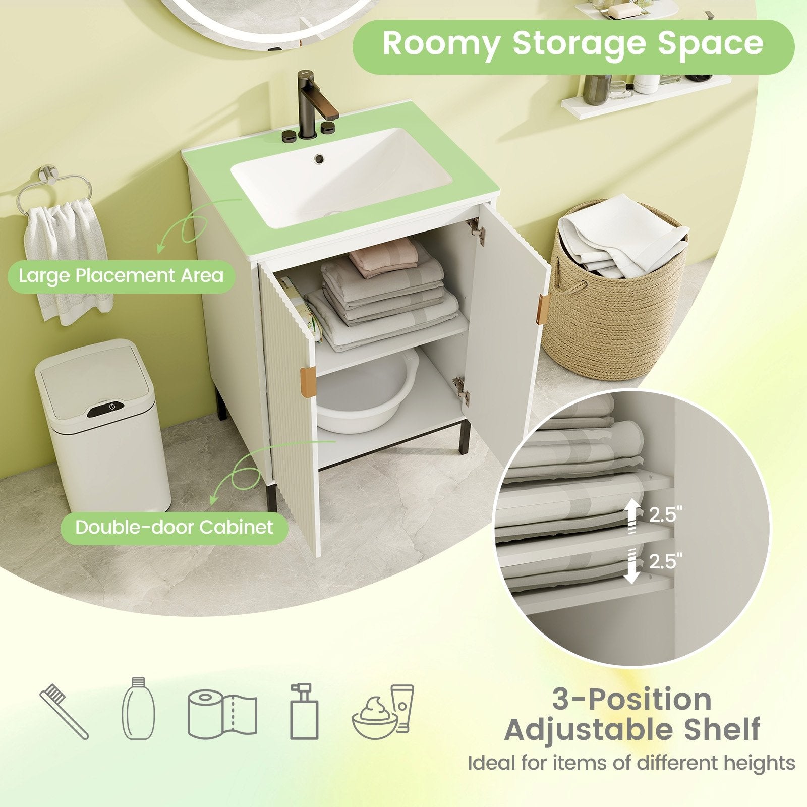 24 Inch Bathroom Vanity with Sink Combo and Adjustable Shelf, White Floor Cabinets at Gallery Canada