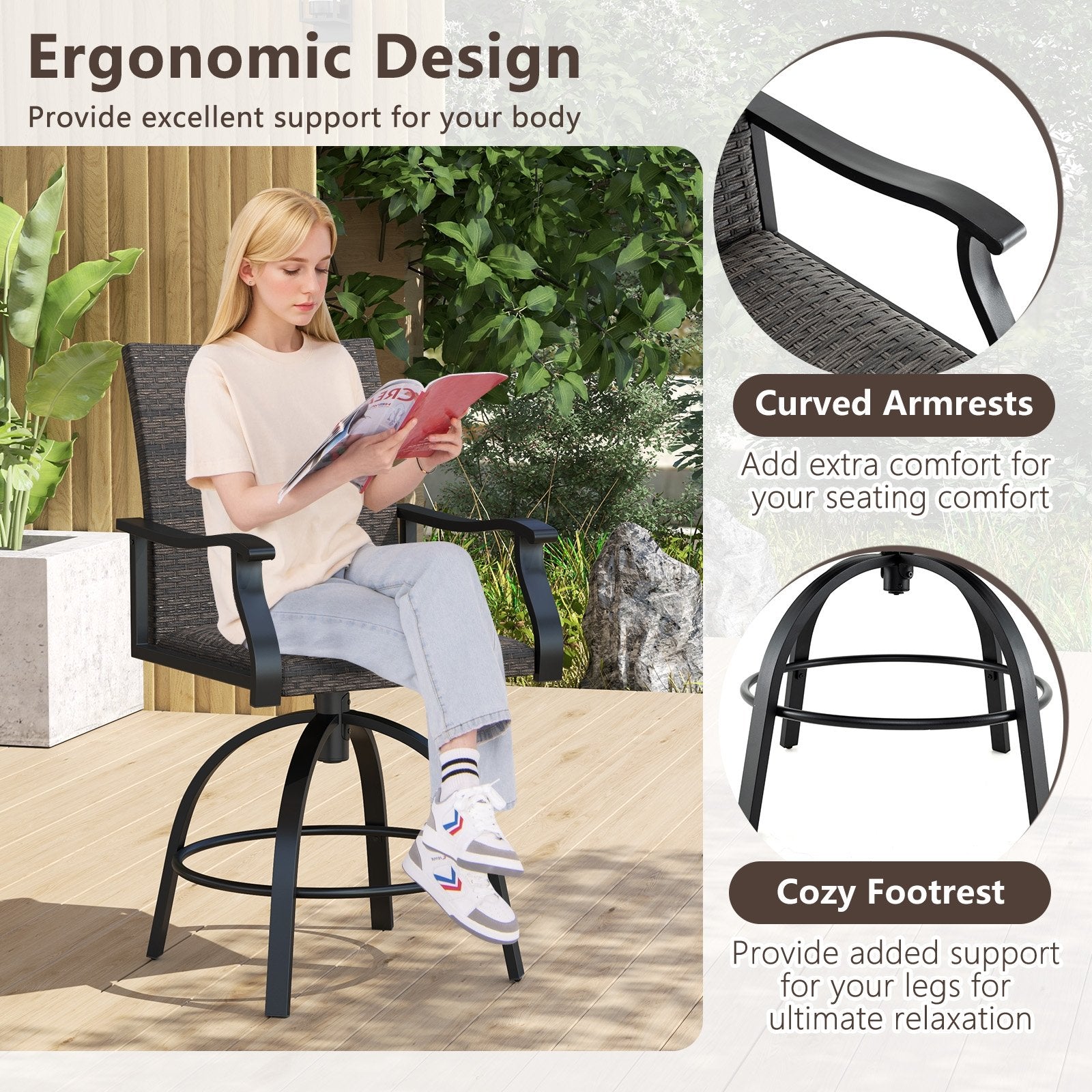 3 Pieces PE Wicker Patio Swivel Bar Set with Quick-Drying Foam, Black Patio Bar Furniture at Gallery Canada