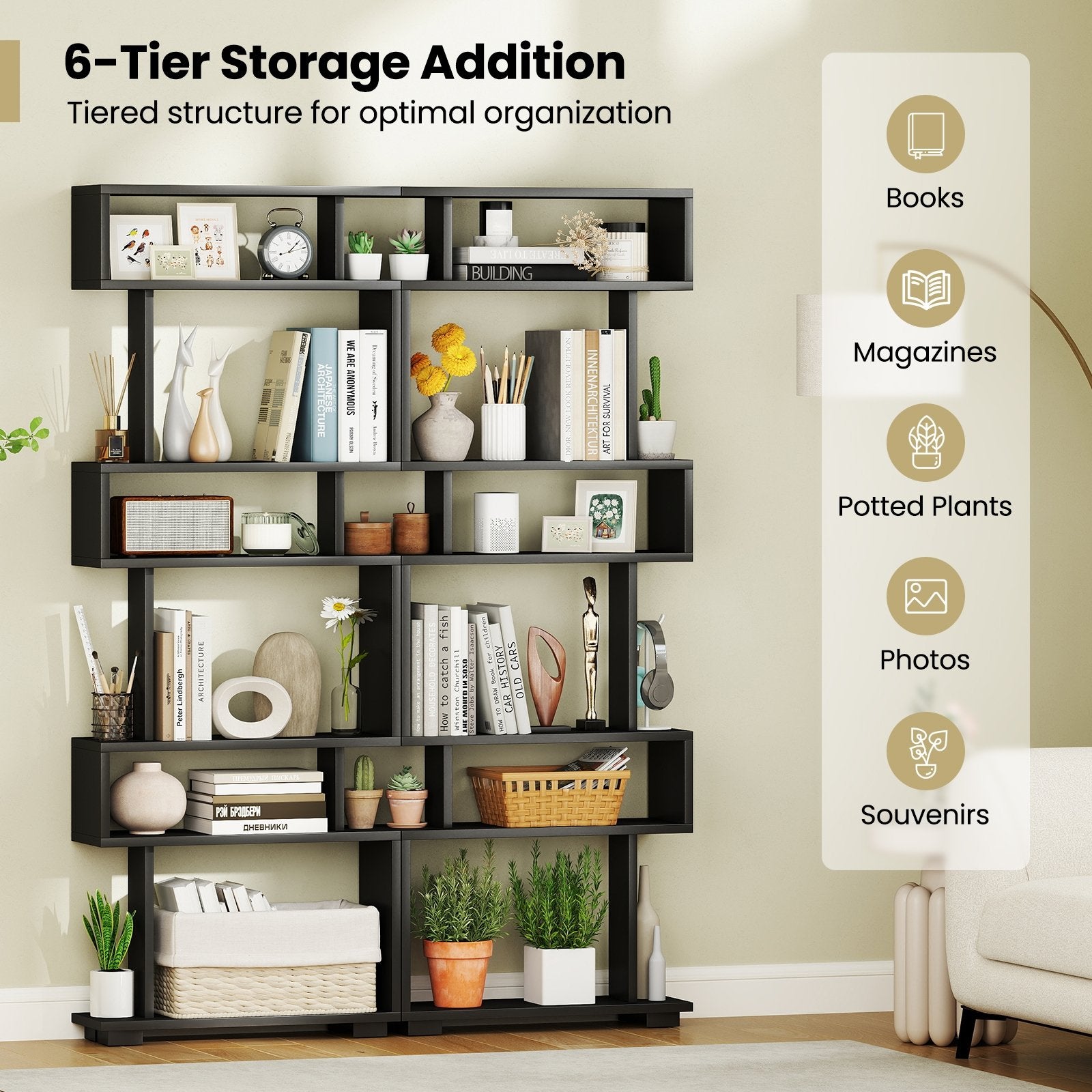 6-Tier Bookcase with Anti-Tipping Kit, Black Bookcases at Gallery Canada