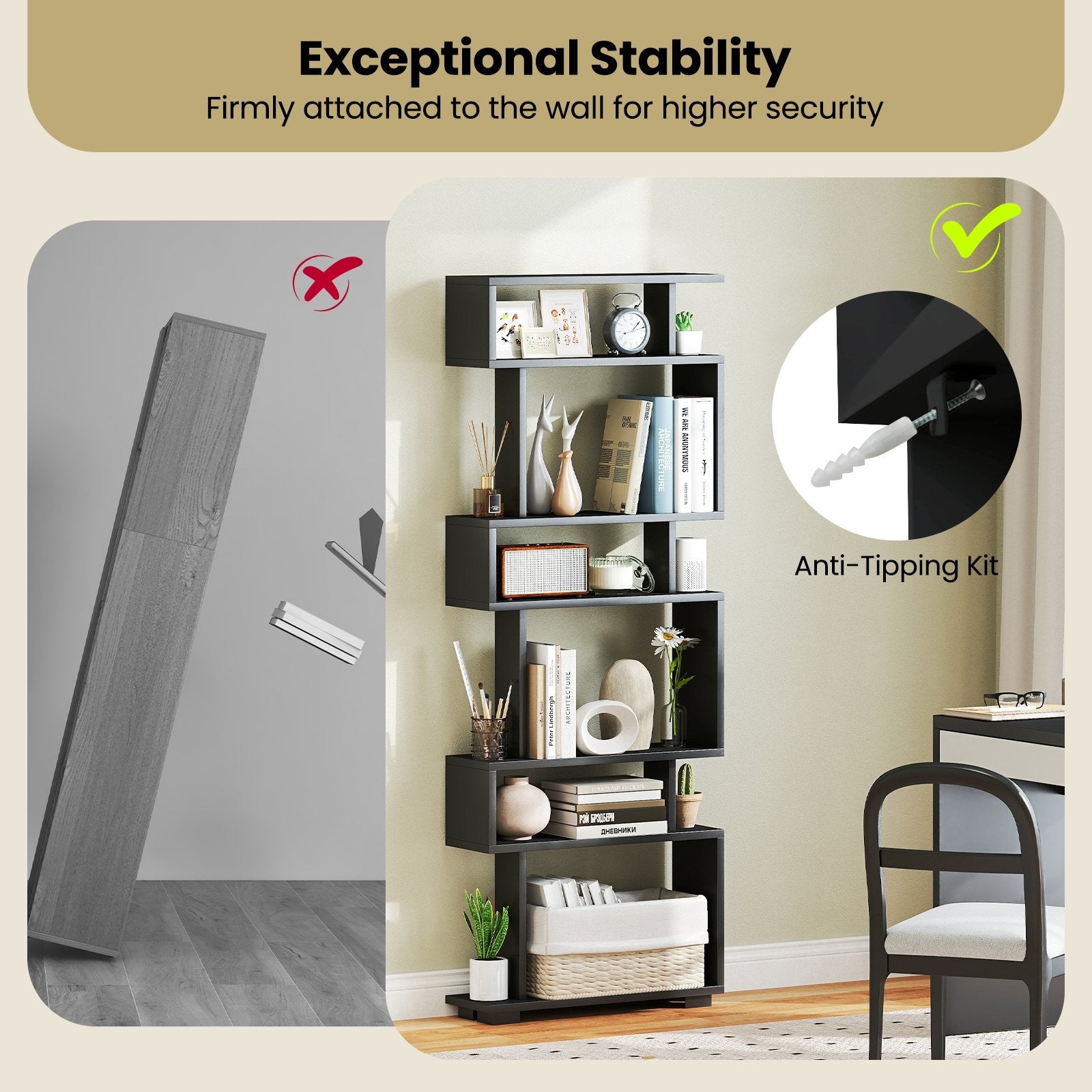 6-Tier Bookcase with Anti-Tipping Kit, Black Bookcases at Gallery Canada