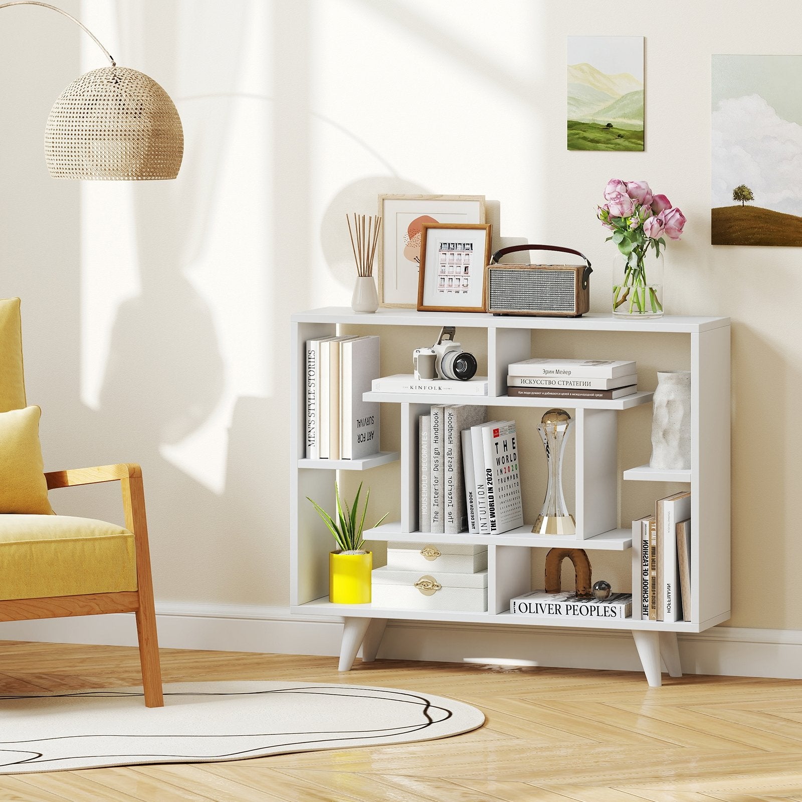 Geometric Bookcase with Anti-Tipping Kit and Storage Shelving Unit, White Bookcases at Gallery Canada