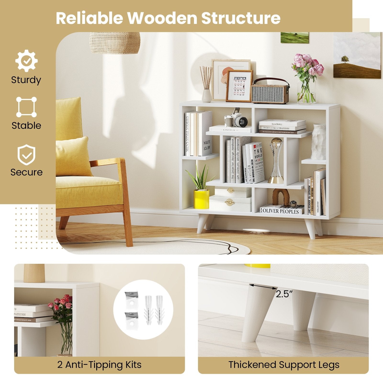Geometric Bookcase with Anti-Tipping Kit and Storage Shelving Unit, White Bookcases at Gallery Canada