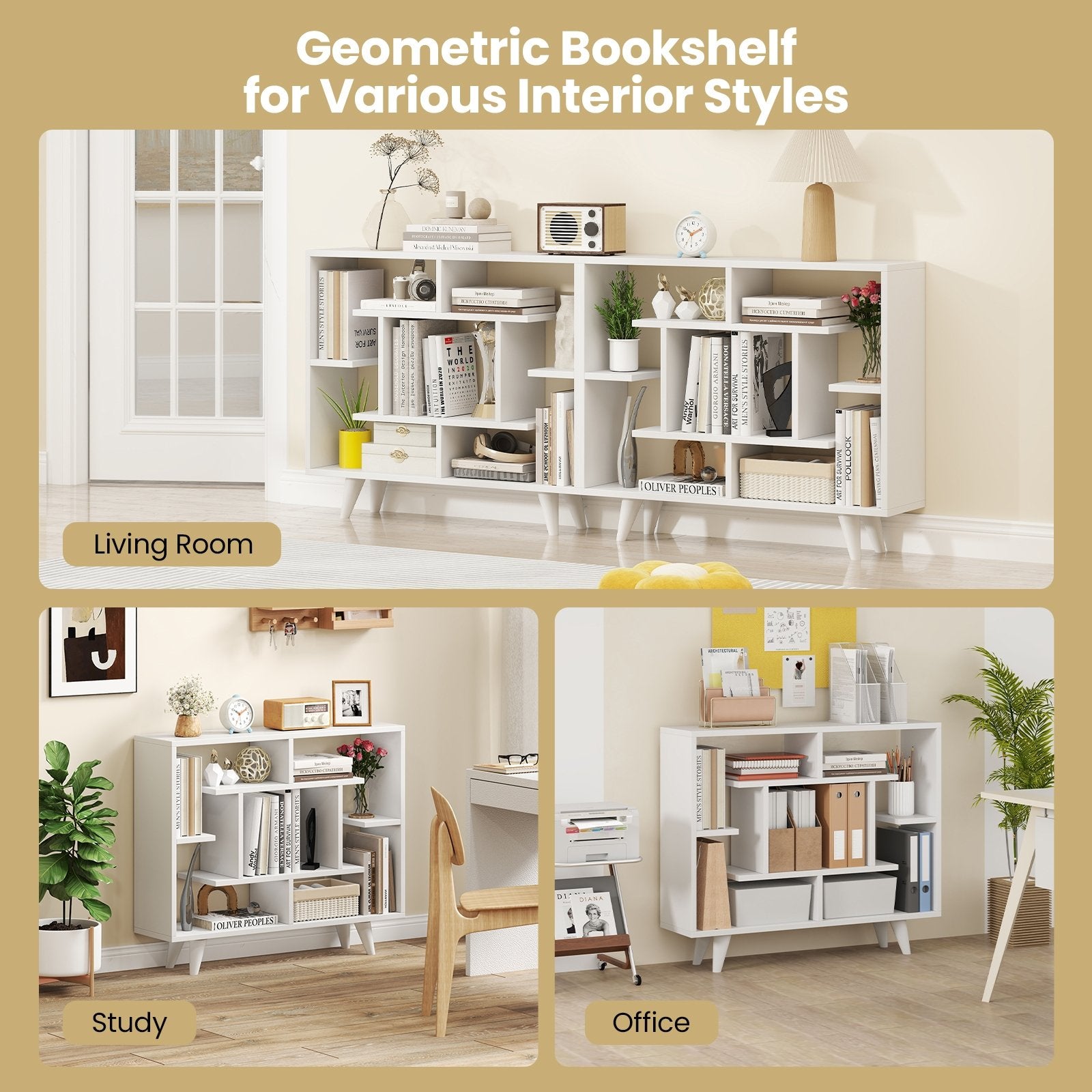 Geometric Bookcase with Anti-Tipping Kit and Storage Shelving Unit, White Bookcases at Gallery Canada