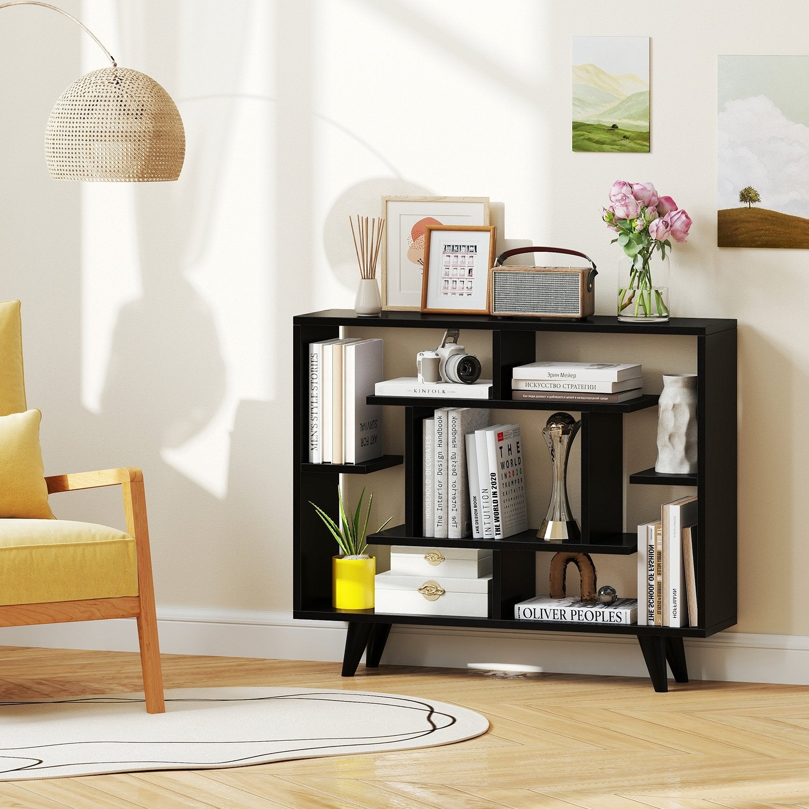Geometric Bookcase with Anti-Tipping Kit and Storage Shelving Unit, Black Bookcases at Gallery Canada