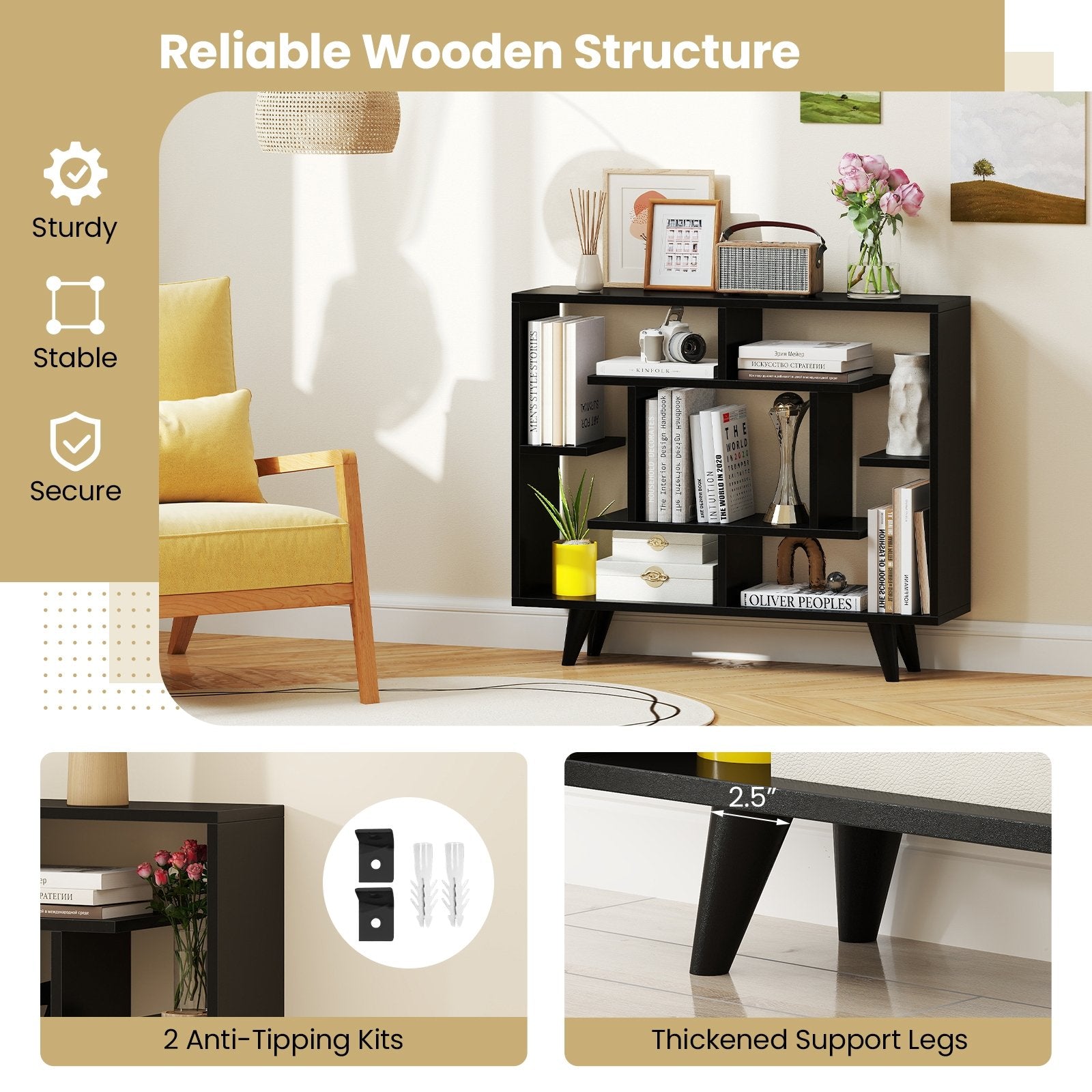 Geometric Bookcase with Anti-Tipping Kit and Storage Shelving Unit, Black Bookcases at Gallery Canada