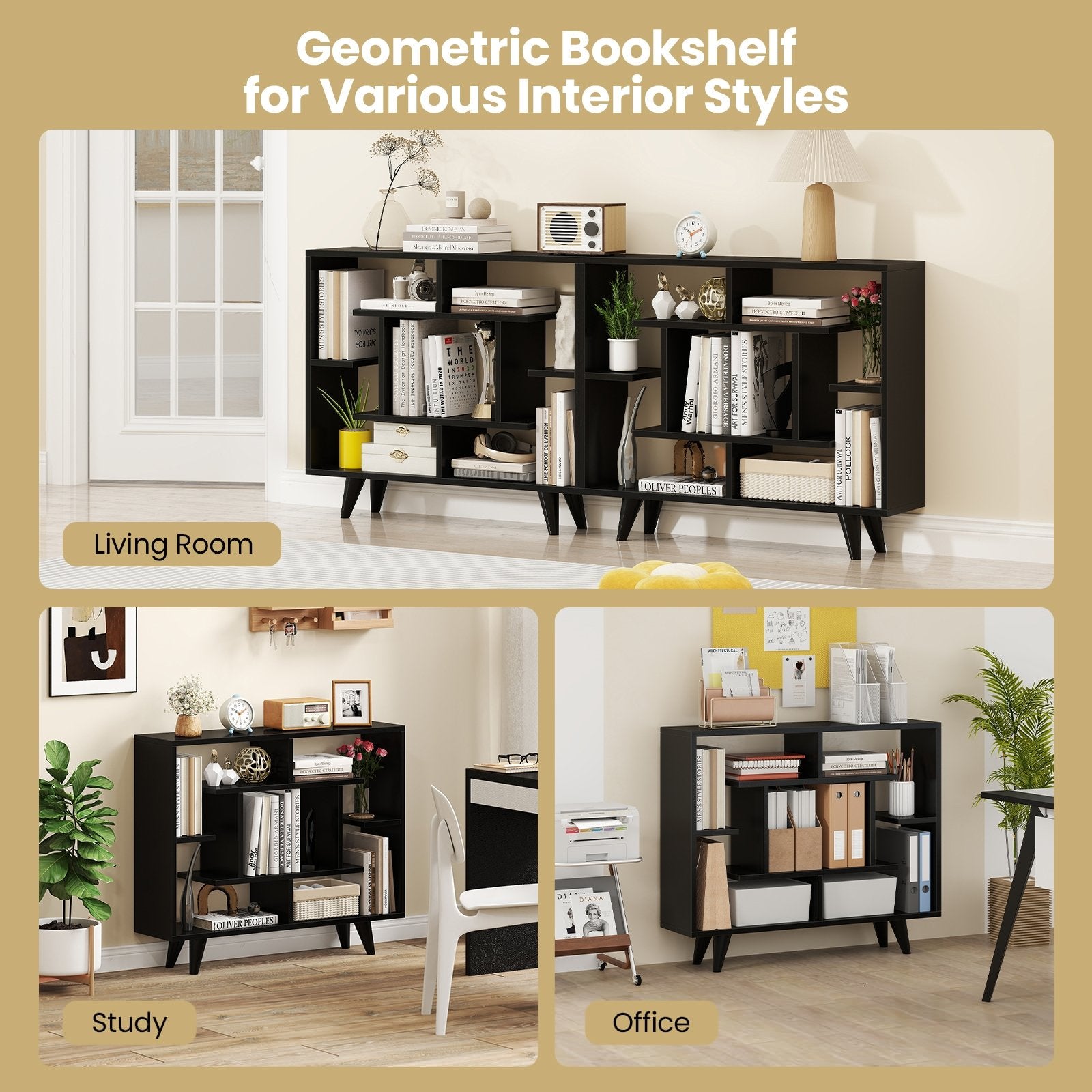 Geometric Bookcase with Anti-Tipping Kit and Storage Shelving Unit, Black Bookcases at Gallery Canada
