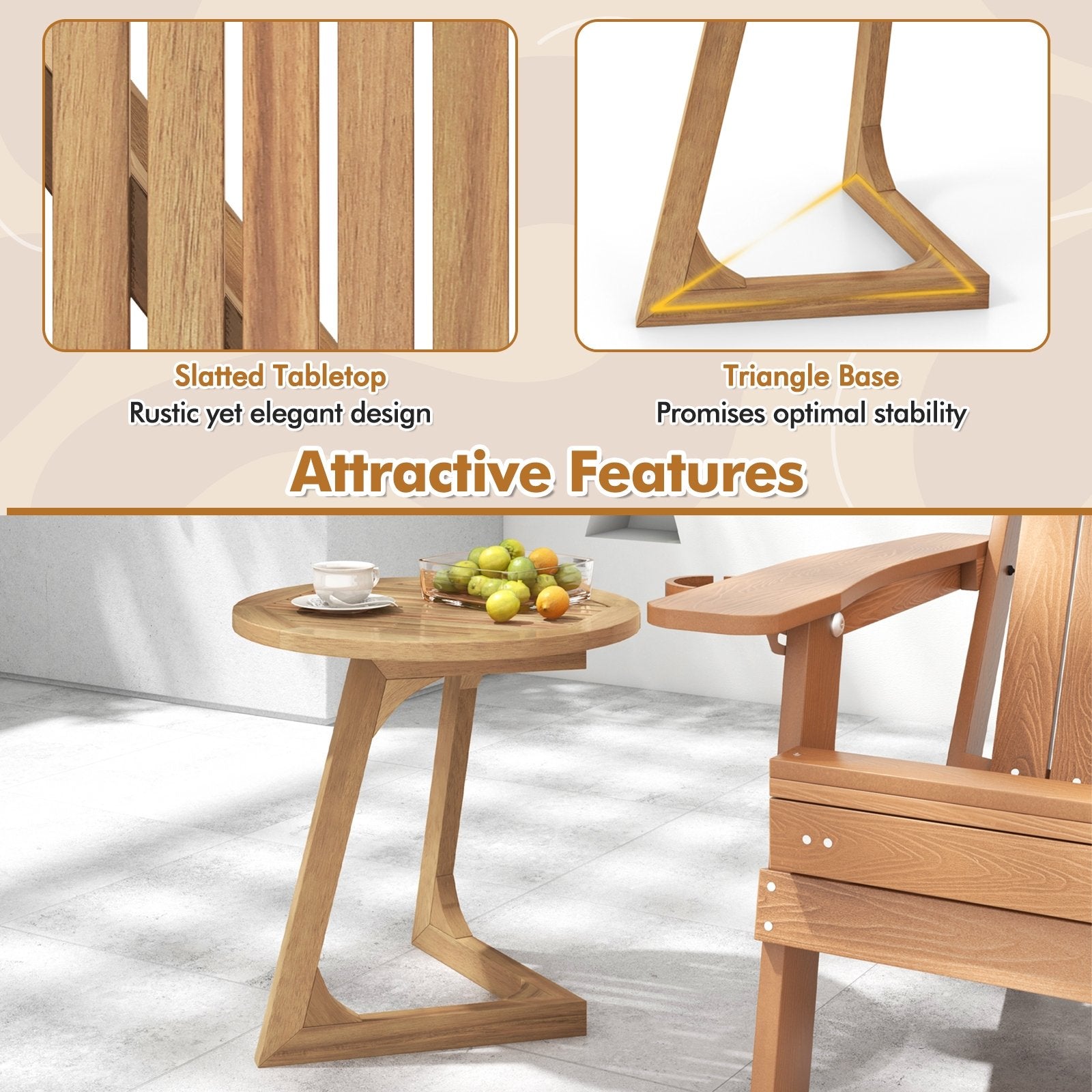 Teak Wood Side Table Round Sofa End Table with Slatted Tabletop, Natural End & Side Tables at Gallery Canada