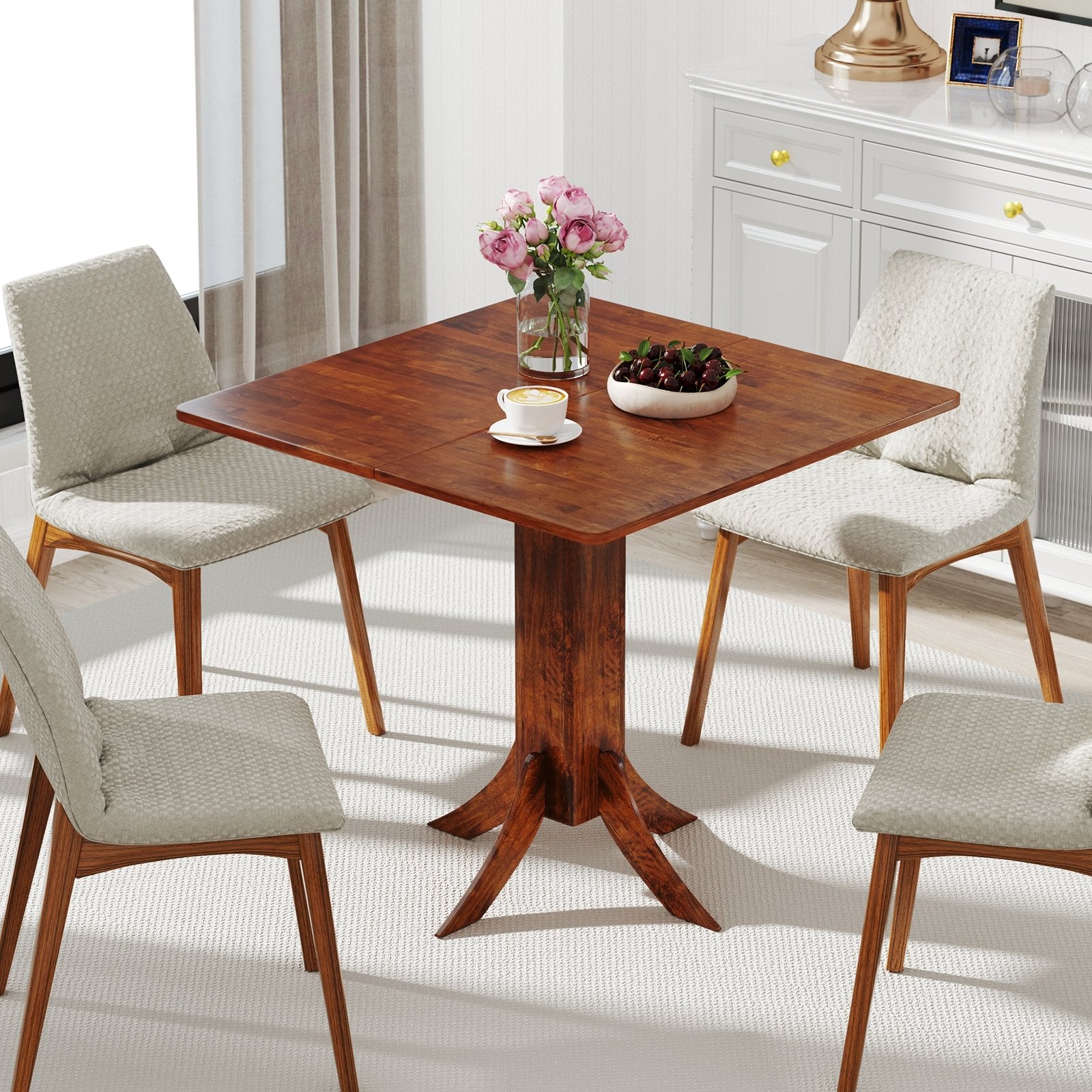 Square Dining Table with Pedestal Base and Rubber Wood Frame, Walnut Dining Tables at Gallery Canada