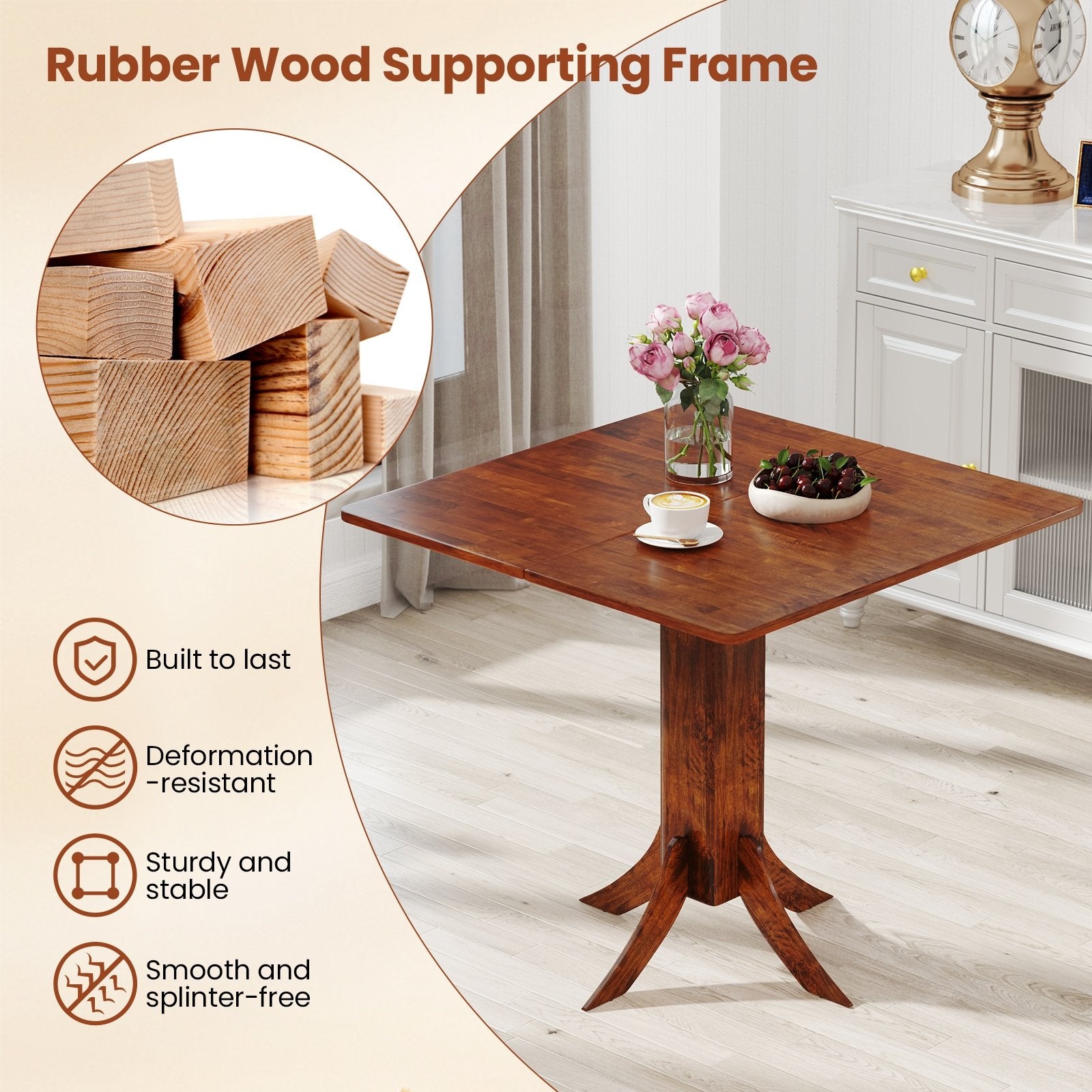 Square Dining Table with Pedestal Base and Rubber Wood Frame, Walnut Dining Tables at Gallery Canada