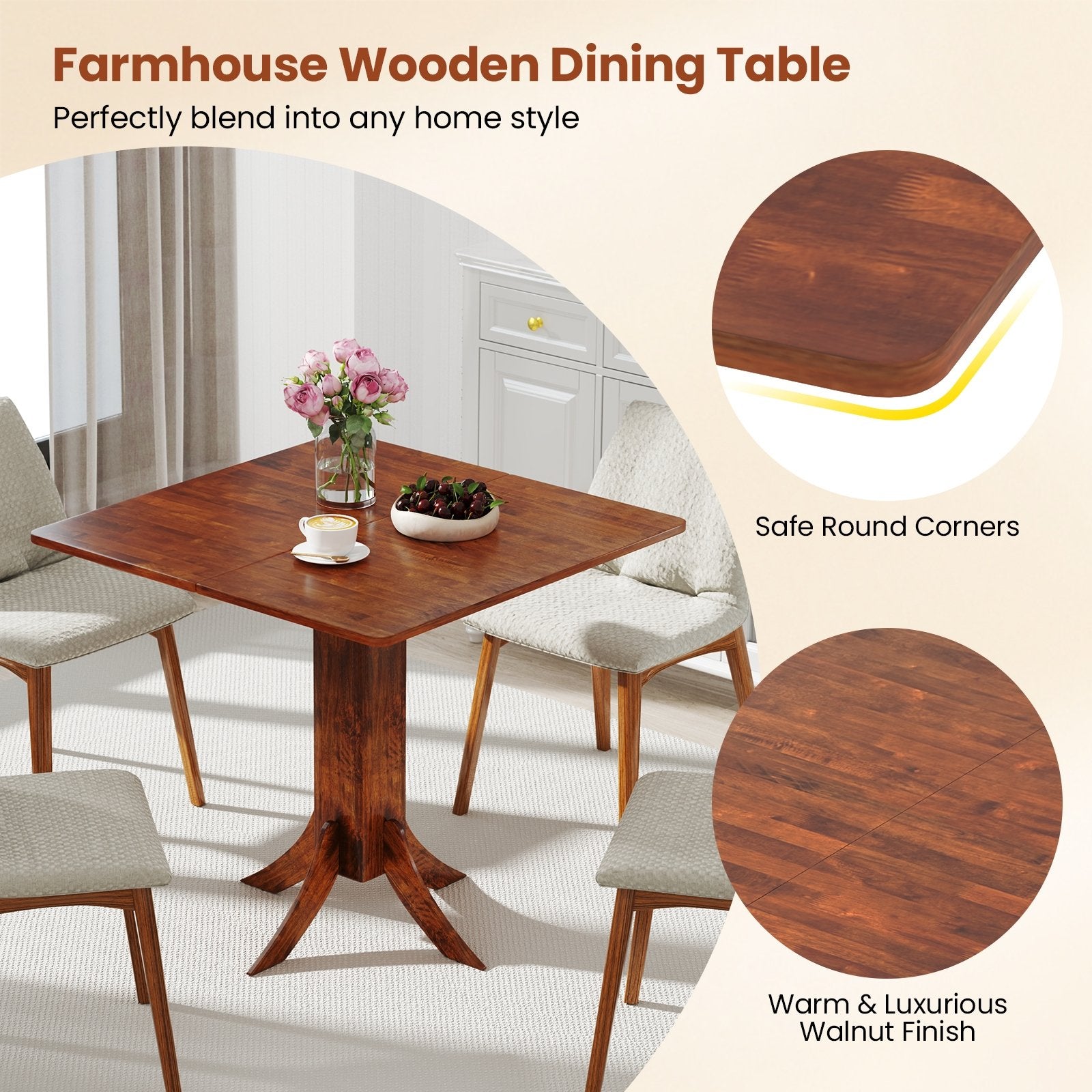 Square Dining Table with Pedestal Base and Rubber Wood Frame, Walnut Dining Tables at Gallery Canada