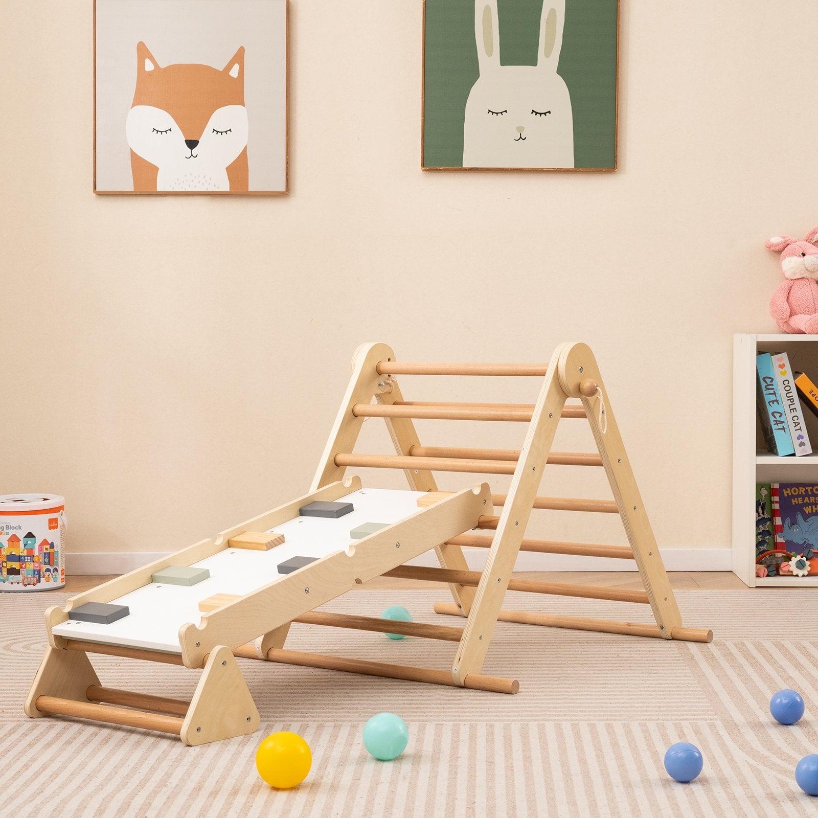 3-in-1 Pikler Triangle Climbing Set Kids Foldable Montessori Toys with Ramp, Natural Climbers & Slides at Gallery Canada