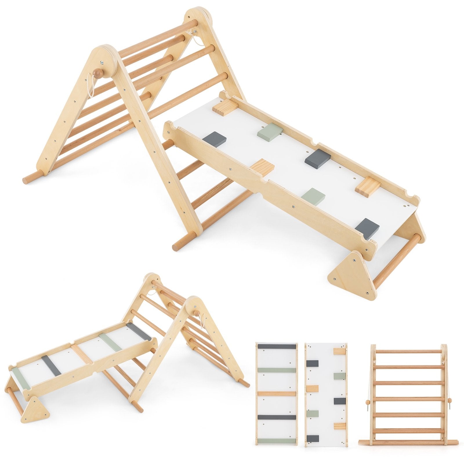 3-in-1 Pikler Triangle Climbing Set Kids Foldable Montessori Toys with Ramp, Natural Climbers & Slides at Gallery Canada