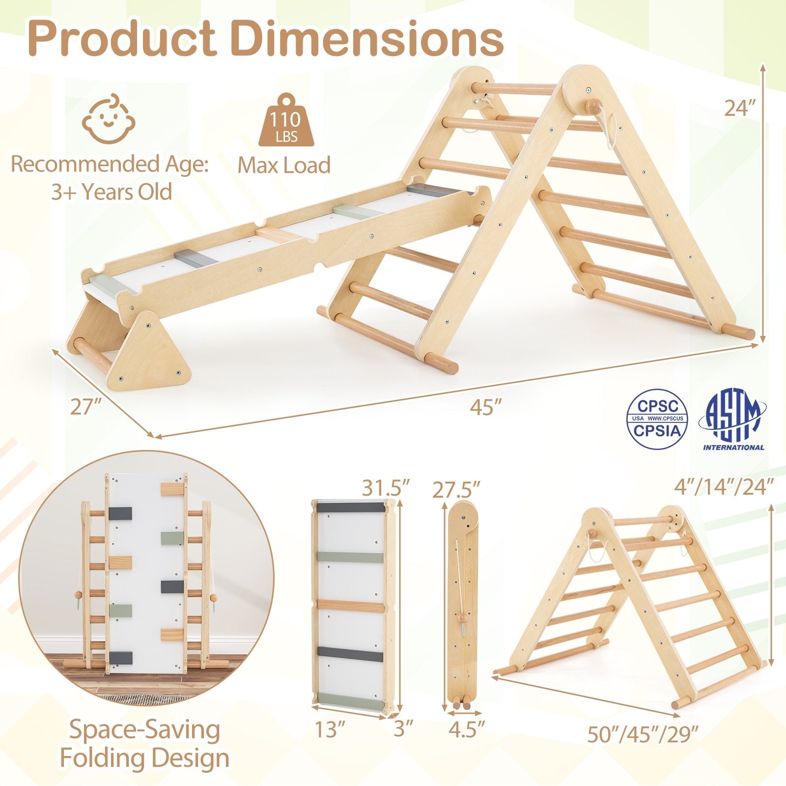 3-in-1 Pikler Triangle Climbing Set Kids Foldable Montessori Toys with Ramp, Natural Climbers & Slides at Gallery Canada