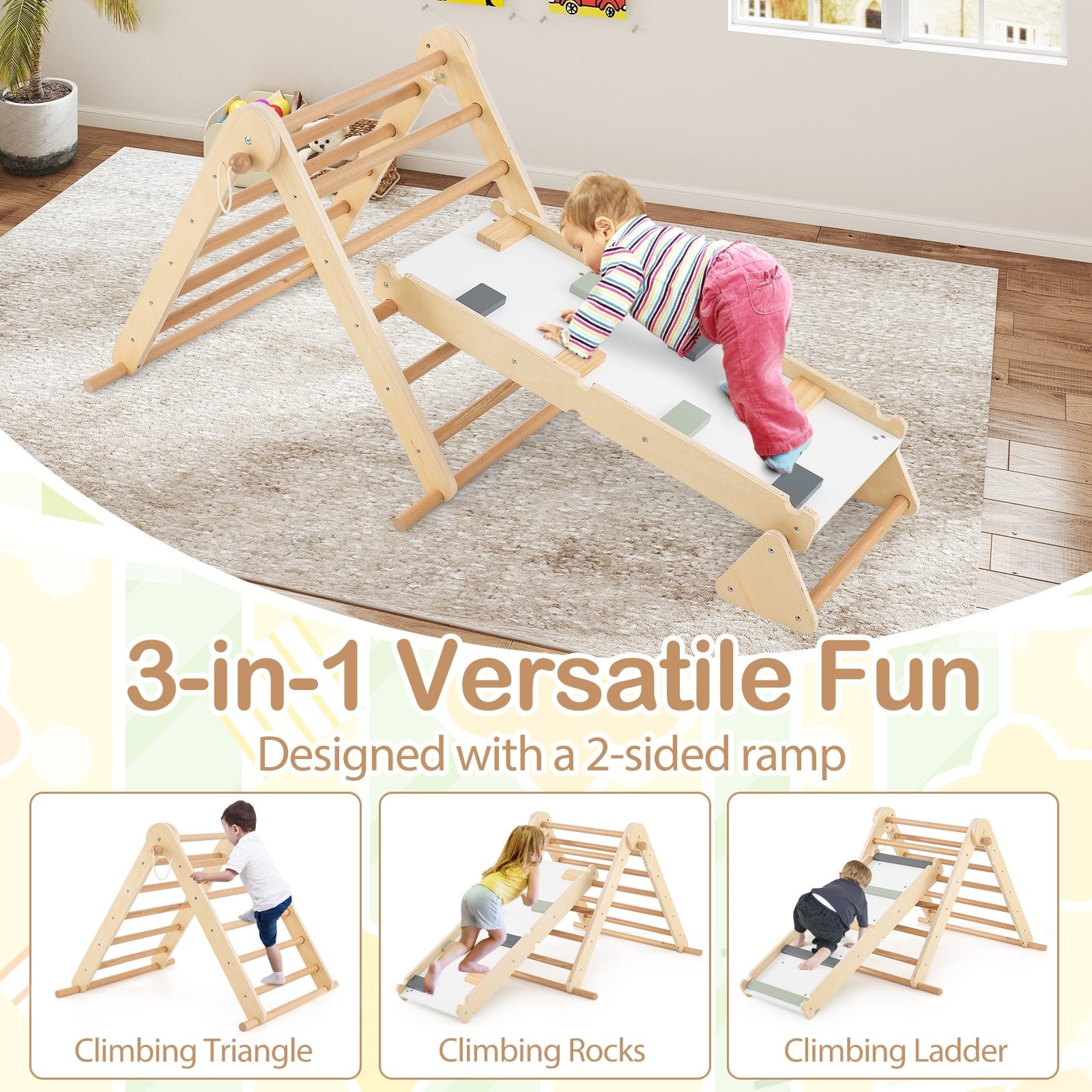 3-in-1 Pikler Triangle Climbing Set Kids Foldable Montessori Toys with Ramp, Natural Climbers & Slides at Gallery Canada