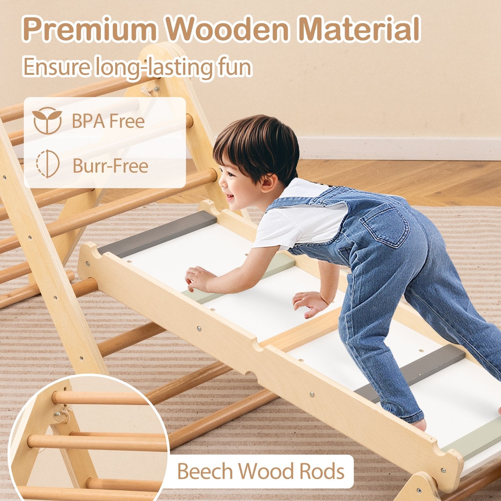 3-in-1 Pikler Triangle Climbing Set Kids Foldable Montessori Toys with Ramp, Natural Climbers & Slides at Gallery Canada